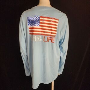 Reel Life Sky Blue American Flag Design Long Sleeve Tee Shirt (L)